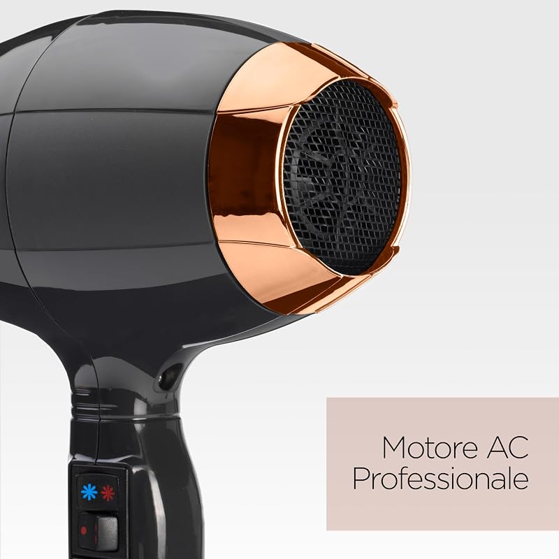 Asciugacapelli MADE IN ITALY Air Pro, Motore AC Phon Capelli Professionale, 2200W, Diffusore Capelli Ricci, funzione anti-crespo, 2 velocità - 2 impostazioni di calore, nero, 6719DE