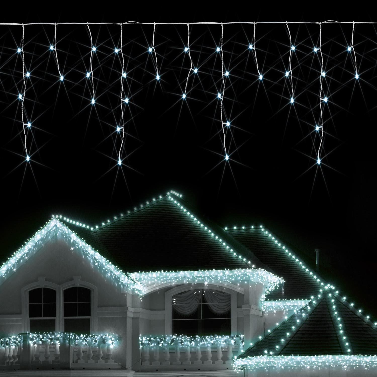 JnDee Safe Voltage Fully Weatherproof Icicle Christmas Fairy Lights Cool White 400 LED 10M Wide 80 Drops, Massive 10M Lead Cable, 8 Modes, 8H Timer, Memory