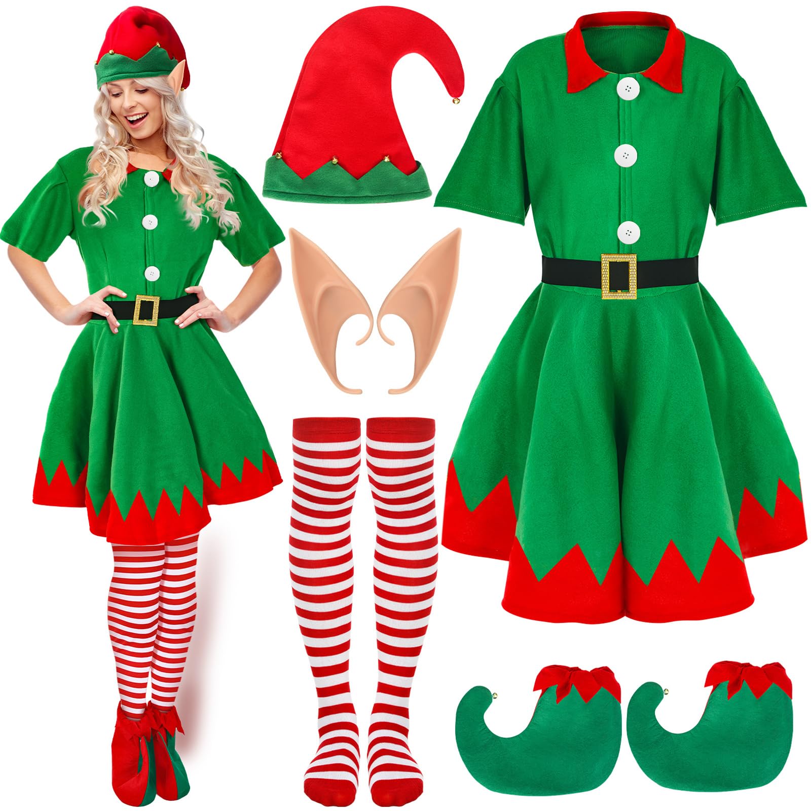Photo 1 of Hoosige 6 Pcs Women Christmas Elf Costume Set Costume Dress Xmas Festive Outfit with Elf Ears Hat Shoes Belt Striped Socks(Medium)