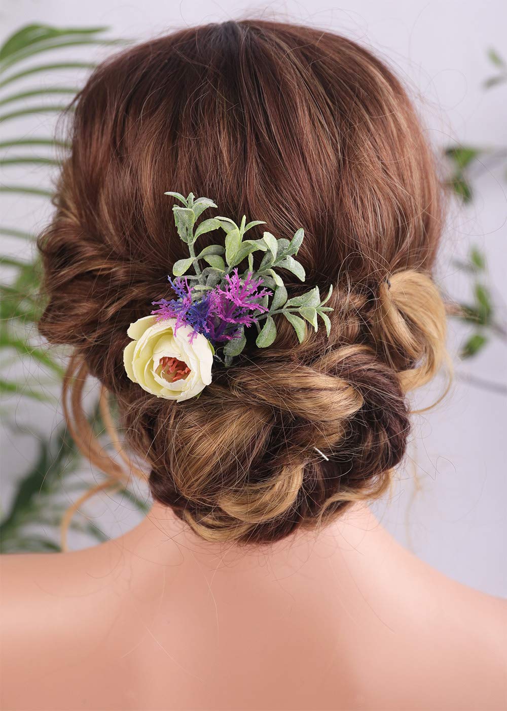 Anglacesmede Bridal Flower Hair Pins Eucalyptus Cream Bud Greenery Bush Hair Piece Bridesmaid Hair Accessories