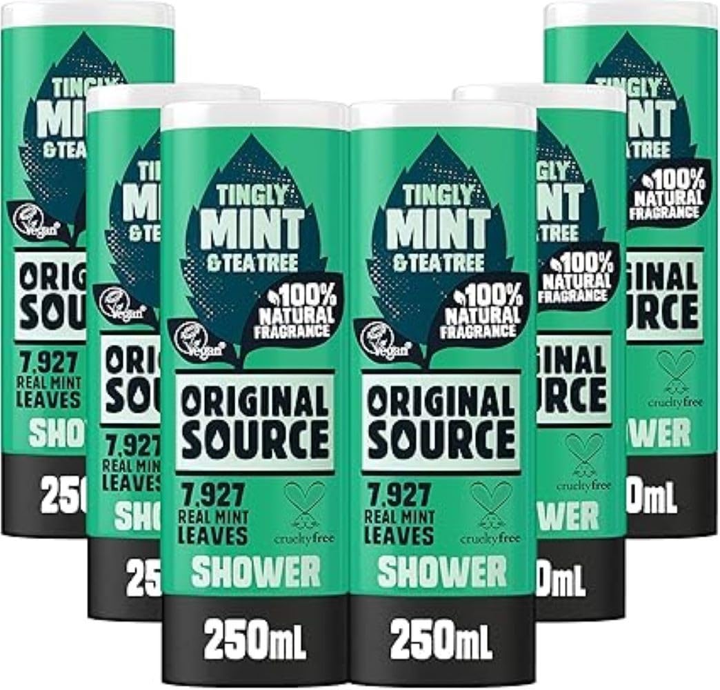 Original Source Mint and Tea Tree Shower Gel, 100 Percent Natural Fragrance, Vegan, Cruelty Free, Paraben Free, Bulk Buy, Pack of 6 x 250 ml