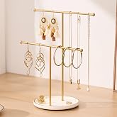 Josmimic Gold Jewelry Holder Stand with Ceramic Tray: Small Hanging Necklace Organizer Tree for Earrings, Bracelets, Rings – 