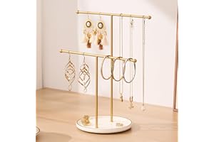 Josmimic Gold Jewelry Holder Stand with Ceramic Tray: Small Hanging Necklace Organizer Tree for Earrings, Bracelets, Rings – Jewelry Display Hanger for Women & Girls, White