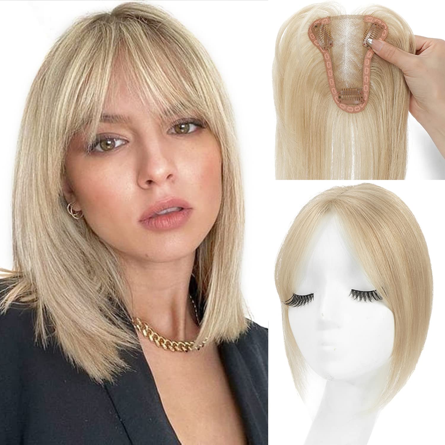 Photo 1 of UDU Hair Toppers for Women Real Human Hair Human Hair Toppers with Bangs Clip In Bangs Wiglets Hair Pieces for Women with Thinning Hair Hair Loss Cover Gray Hair