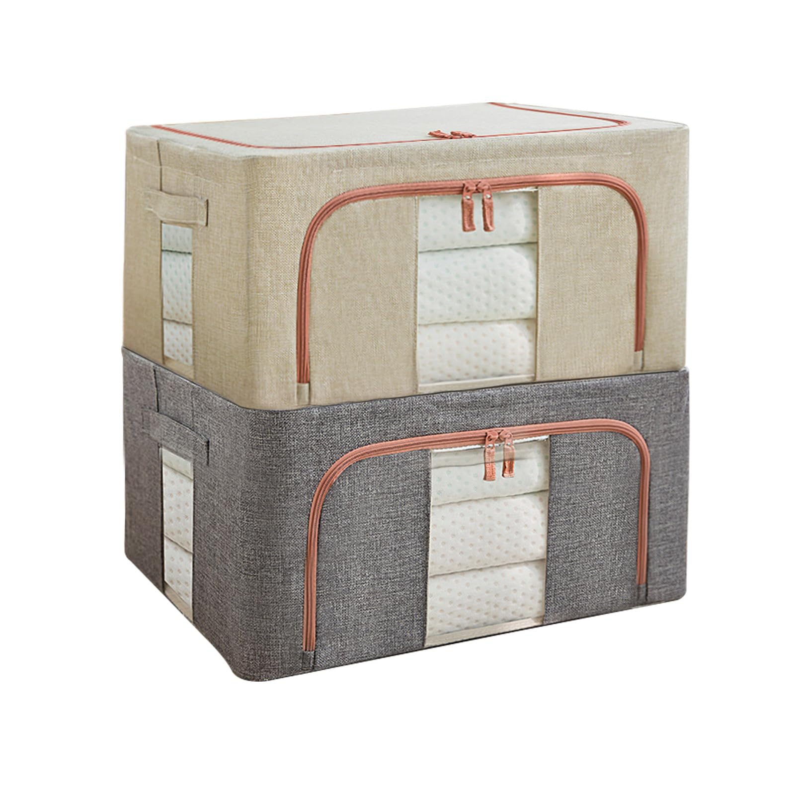 Douzi 2 Pack Large Capacity Clothes Storage Organizer, Foldable Steel Frame Storage Bins, Perfect for Comforters, Bedding, Toys, with Sturdy Zipper & Clear Window-22L