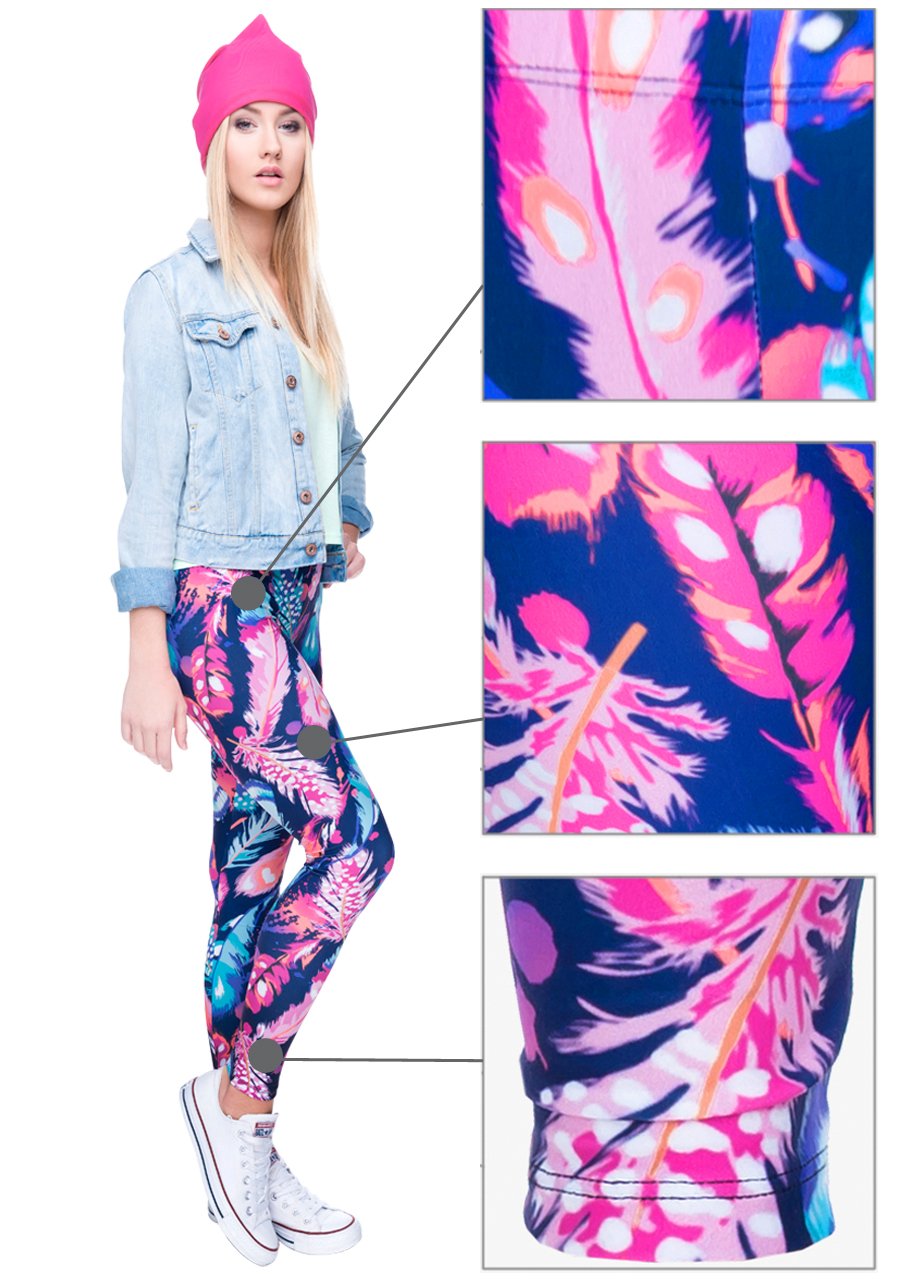 Ayliss Printed Brushed Leggings Regular or Plus Size Stretchy Capirs 22Pattern,Blue Feathers,XS-M