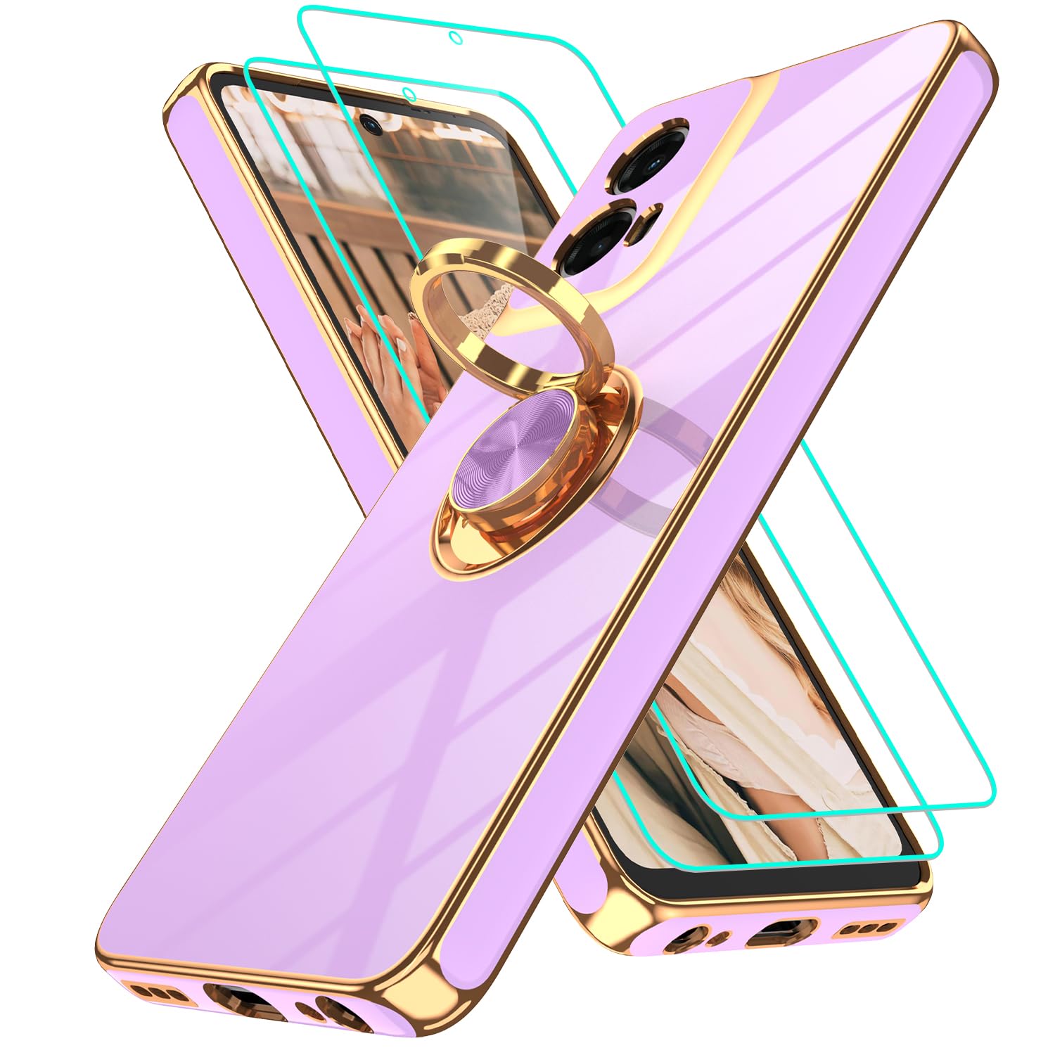Photo 1 of for Motorola Moto G 5G 2024 Case: Moto G Play 5G 2024 Case with 2Pcs Screen Protector,360° Rotation Ring Holder Magnetic Kickstand,Plating Gold Edge Soft TPU Protective Cover, Light Purple