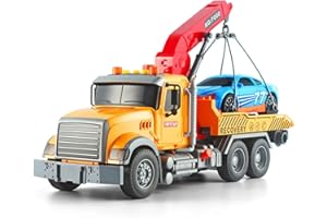 Dwi Dowellin Kids Toys for 3 4 5 6 7 Years Old Boys, 15" Large Tow Truck Toy,Friction Powered Transport Truck Crane Toy with Lights and Sounds,with Roadster,Toddlers Gifts