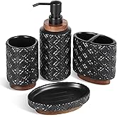 RQYIXI Bathroom Accessories Set 4 Pcs Toothbrush Holder Soap Dispenser Ceramic and Wood Bathroom Decor Set with Toothbrush Cup Soap Dish Tumbler Black