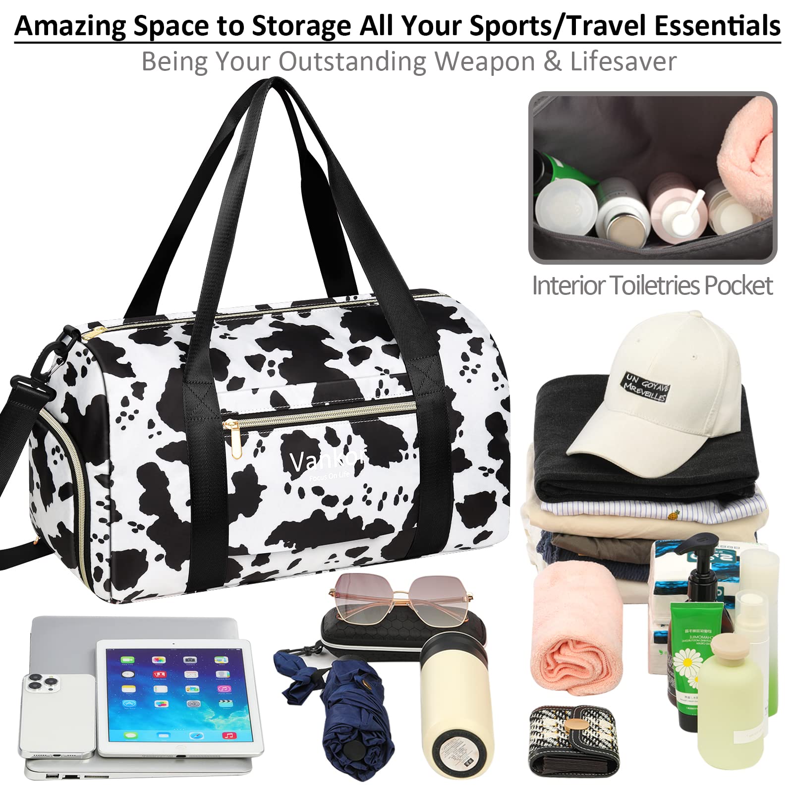 Vankor Gym Bag for Women with Shoe Compartment Waterproof, Sports Duffle Bag for Travel Duffel Weekender Carry on Beach Yoga Overnight Luggage Mommy Maternity Hospital Bag Cow Print 17.5 Inch