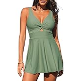 GRAPENT Women's Swim Dress One Piece Swimsuit with Skirt Modest Cut Out Padded Twist Bathing Suits Swimwear Swimdress