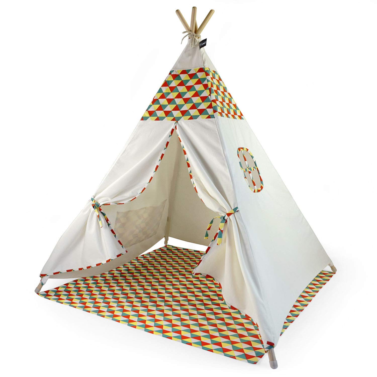 Hej Lønne Kids Teepee White Tent with Colourful Pattern Approx 120 x 120 x 150 cm Large Play Tent with Ground Cover and Window Includes Bag and Instructions for Indoor and Outdoor Non-Toxic