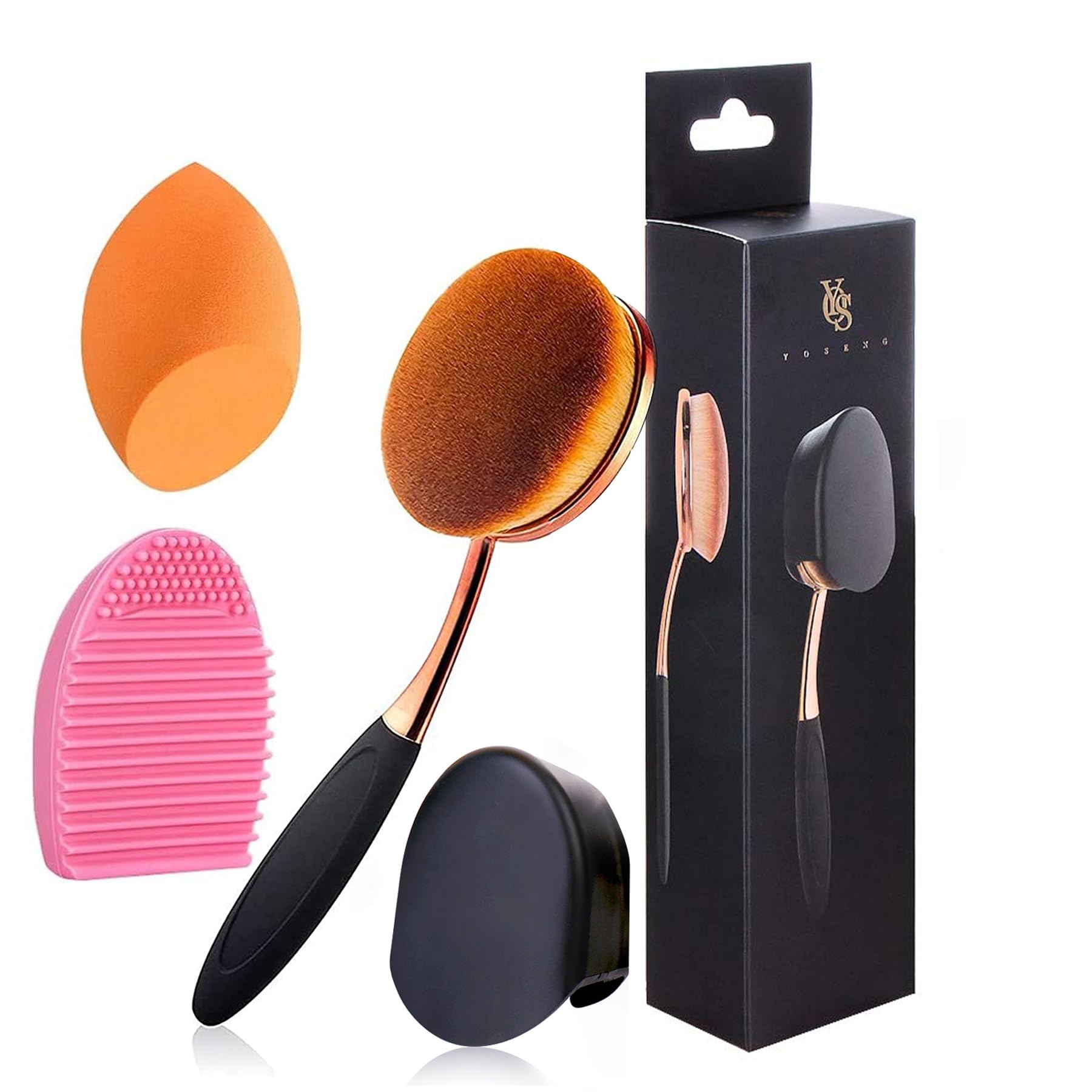 Large Rose Gold Foundation contour Round Toothbrush Dust Free Oval Makeup Brushes with Blending Sponge dustproof cover brush egg cleaner …