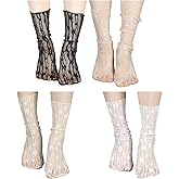 Qulkws 4 Pairs Womens Lace Sheer Slouch Socks, Mesh Laces Trim Sock, Women's Lace Ankle Socks, Nylon Loose Ankle High Stockings for Women