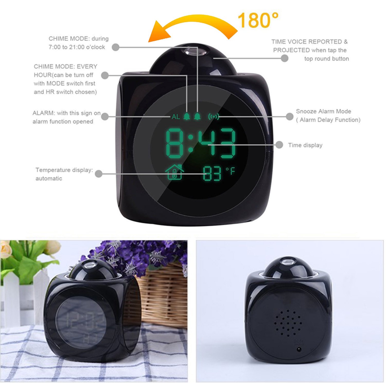 Projection Alarm Clock Wake Up Bedroom with Data and Temperature