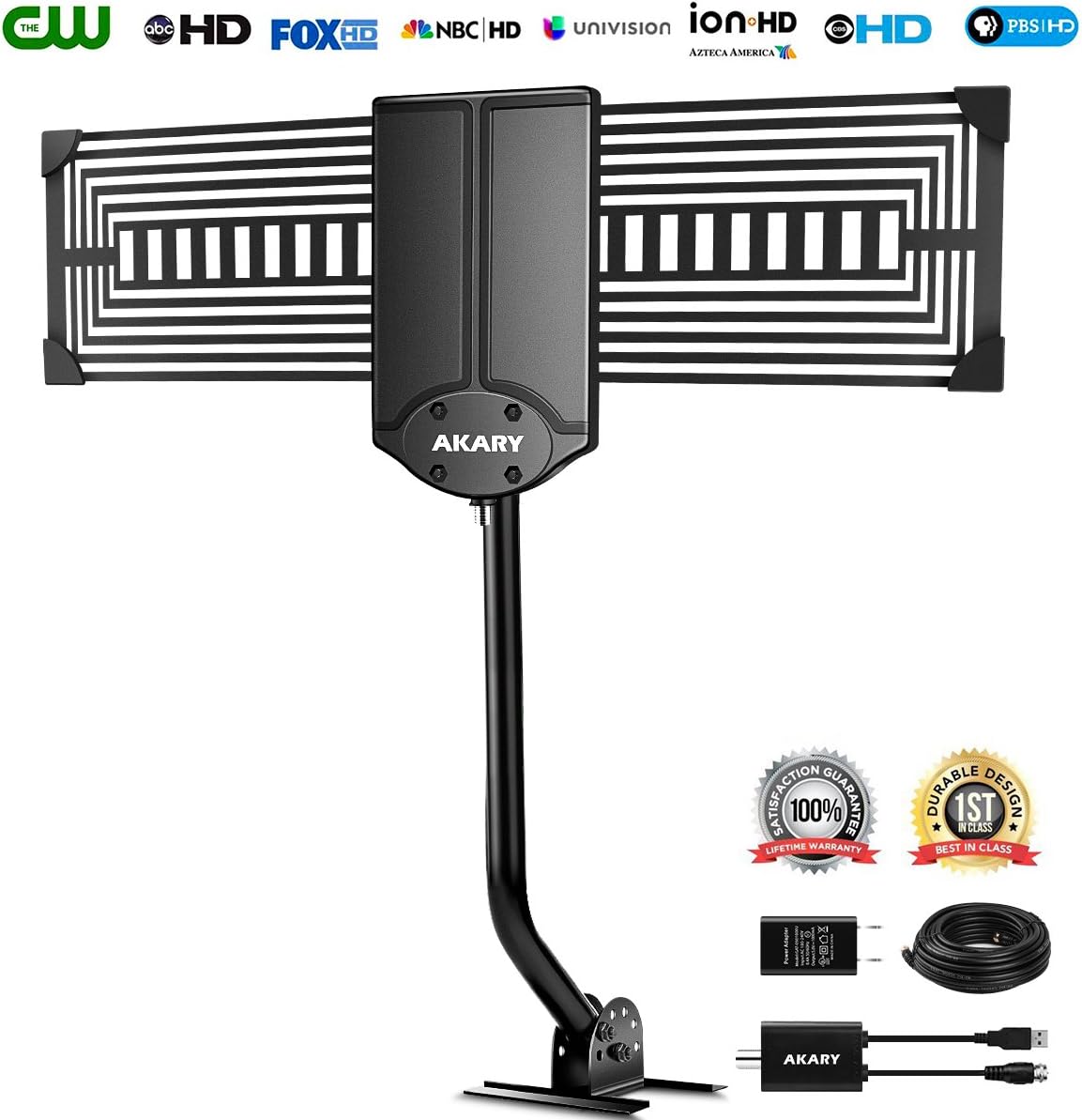 Outdoor Antenna, AKARY TV Antenna 100 Miles Omni-Directional Reception Outdoor/Attic/Roof Digital HDTV Antenna with Amplifier and Mounting Pole Support UHF/VHF/FM Signal with 33FT Coaxial Cable