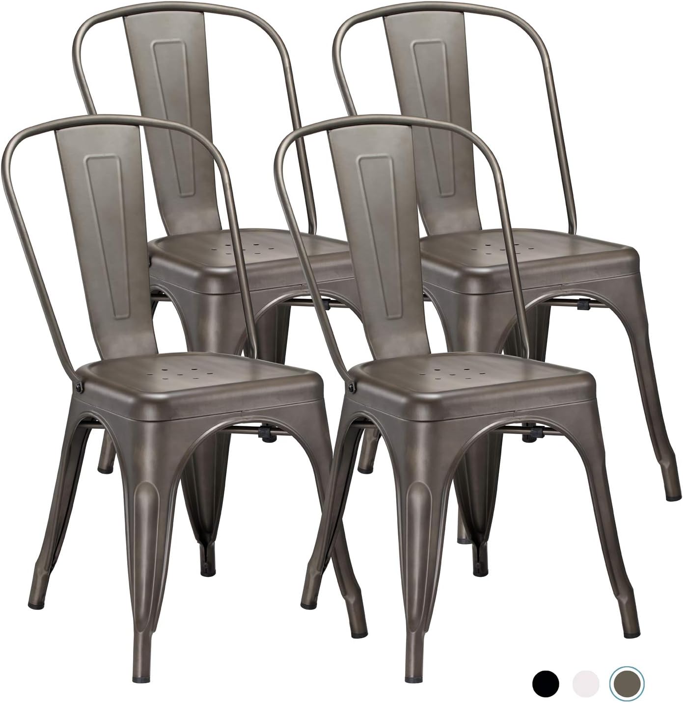 Metal Indoor-Outdoor Dining Chairs Stackable Chic Industrial Side Chairs Design Stools with Back Use for Kitchen Bistro Cafe Set of 4 (Gun Metal)