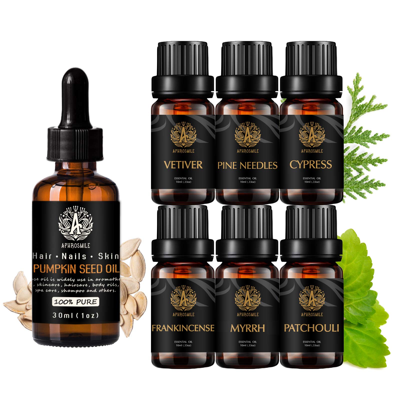 Aromatherapy Pine Needles Essential Oil Set with Base Oil for Massage, 100% Pure Pumpkin Seed Essential Oil, 7x10ml 100% Pure Cypress Essential Oils Set - Frankincense, Myrrh, Patchouli, Vetiver Oils