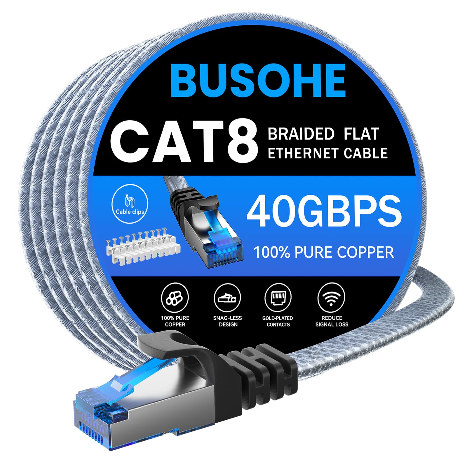 BUSOHE Cat 8 Ethernet Cable 8M, 40Gbps/2000Mhz Flat High Speed Network Cable, Braided Flat Gigabit Rj45 STP Shielded Internet Lan Cables Cord Compatible with PC, Laptop, Routers, Modem — image 1