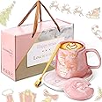 Nitial Christian Gifts Bible Verse Coffee Warmer with Mug Set for Women Pink Marble Mug Warming Plate Birthday Gift Christmas Graduation Gifts for Coworker Volunteer Teacher