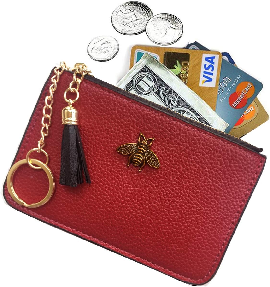 Women's Coin Purse Change Wallet Pouch Leather Card Holder with Key Chain Tassel Zip (Red)