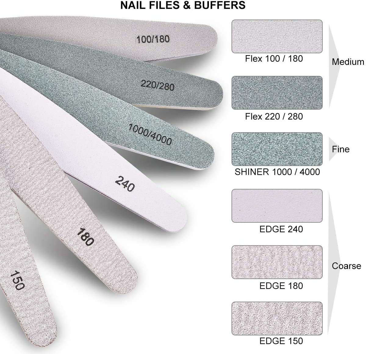 AIRSEE Nail File Professional Nail Files and Buffers for Gel, Acrylic, Nature Nails Double Sided Emery Boards, Manicure and Pedicure Tools for Nail Grooming and Styling, 6Pcs Nail Filer Shine Kit : Beauty