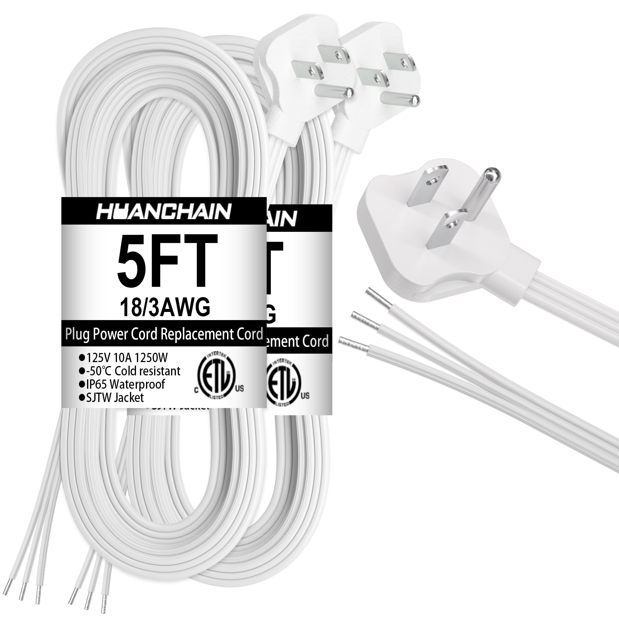 Photo 1 of HUANCHAIN 5ft 2 Pack 18/3 White Flat Plug Replacement Extension Cord, Replacement Plug 3 Prong Grounded Low Profile Extension Cord Flexible for Universal AC Appliance, 10A 1250W 125V 18AWG SJTW, ETL