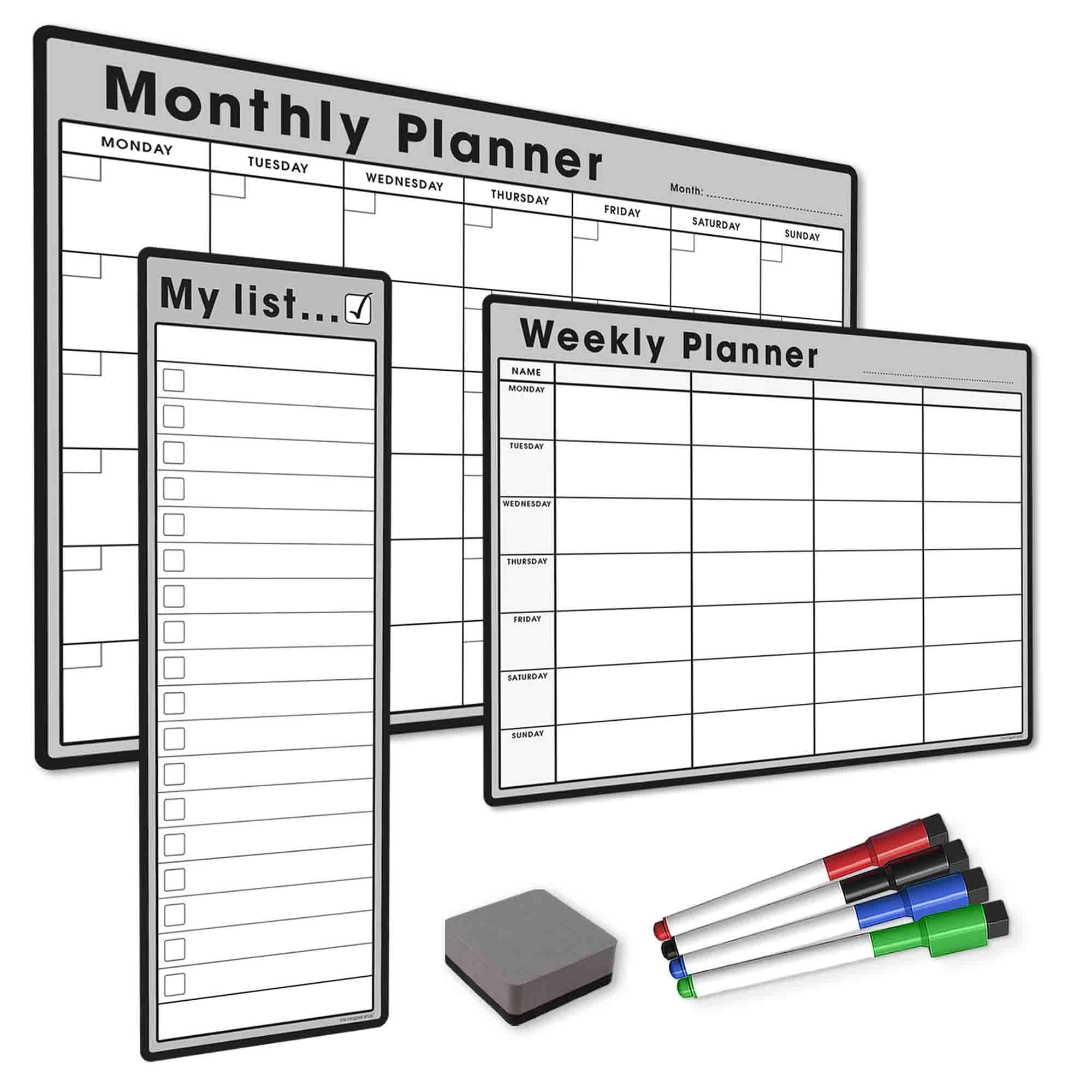 The Magnet Shop #1 Magnetic Whiteboard Planner Pack/Custom Dry Erase Set - Weekly Planner, My List, Monthly Calendar, 4 Dry Wipe Marker Pens, Eraser (Grey, Bundle 1)