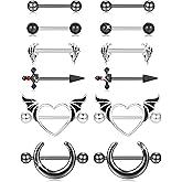 JOERICA 6 Pairs 14G Nipple Rings for Women 316L Stainless Steel Heart Butterfly Moon CZ Flower Barbell Nipple Rings Set Cute Nipplerings Piercing Jewelry