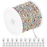 Kyutong 32.8 Feet Stainless Steel Chains for Jewelry Making Colorful Beaded Cable Chain Links Sliver Necklace Chains Roll with Lobster Clasps and Jump Rings for Jewelry DIY