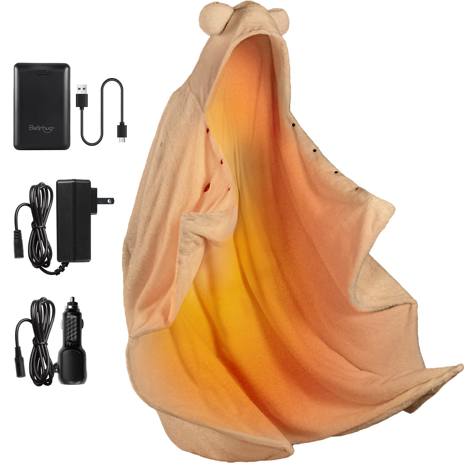 Photo 1 of Bearbug Cordless Heated Blanket, Portable Wearable Electric Heated Blanket Shawl Hoodie Battery Operated with Power Bank, Car Charger, Dc Adapter, 3 Heating Level, Machine Washable
