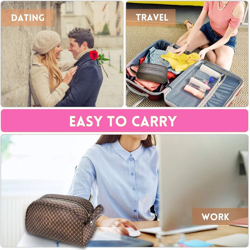 Large Travel Cosmetic Bag Organizer Toiletry Bag Portable Makeup Bag for Women Girls PU Leather Metal Zipper for Business School Sating Shopping (Brown)