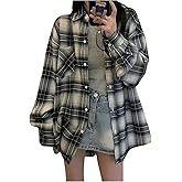 GORGLITTER Women's Oversized Plaid Flannel Shirts Dressy Long Sleeve Button Up Shirts Collared Shackets Casual Blouses