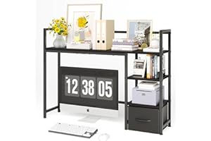 MEXIN Desk Shelf with Drawer, 41.3" Desktop Organizer Shelf, Desk Hutch for Computer Monitor Max 32", 3 Tier Desktop Display Rack, Wooden Desk Top Bookshelf Storage Rack for Home Office Dorm, Black