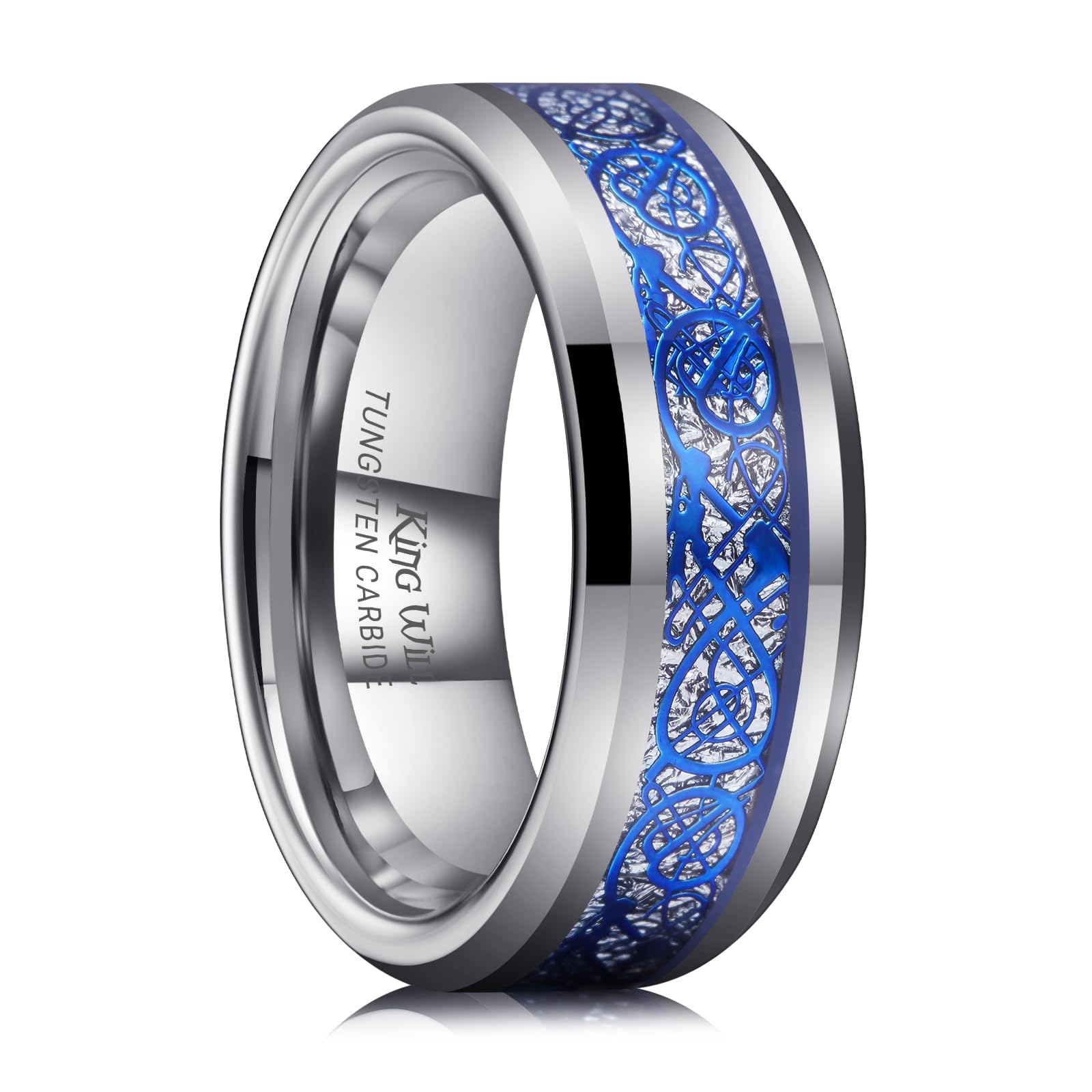 King Will Dragon Anillo de carburo de tungsteno de 0.315 in para hombres y mujeres, anillo con incrustaciones de meteorito de imitación celta azul, borde biselado (6)