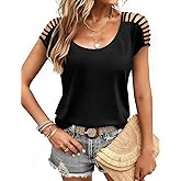 JUSTFASHIONNOW Cold Shoulder Tops for Women Cute Going Out T Shirts Cap Sleeve Tops Summer Crewneck Tees Casual Trendy