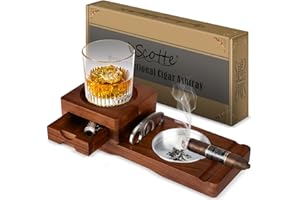 Scotte Ashtray Coaster Whiskey Glass Tray & Wooden Ash Tray with Cigar Cutter, Includes Drawer and Cigar Slot - Great for Home, Office or Outdoor Use (Deep Brown)