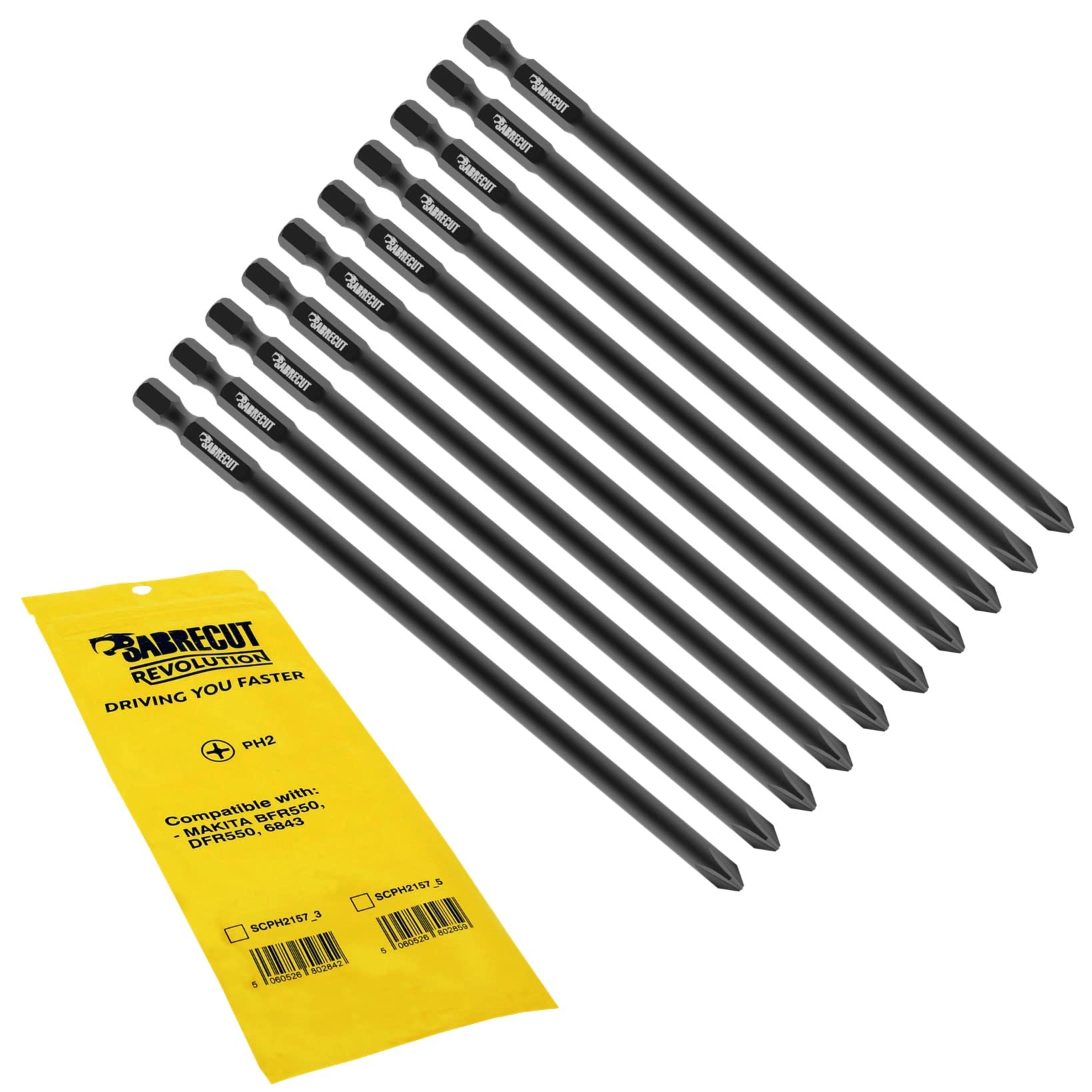 10 x SabreCut SCPH2157_10 157mm PH2 Autofeed Collated Drywall Screwdriver Gun Bit Single Ended Phillips No.2 Heavy Duty Compatible with Makita BFR550 6843 DFR550