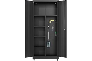 Coolsun Garage Cabinet with 4 Wheels, 71" H Tool Storage Cabinets, Garage Storage Cabinet with Adjustable Shelves, Broom Closet Cabinets for Utility Room,Workshop