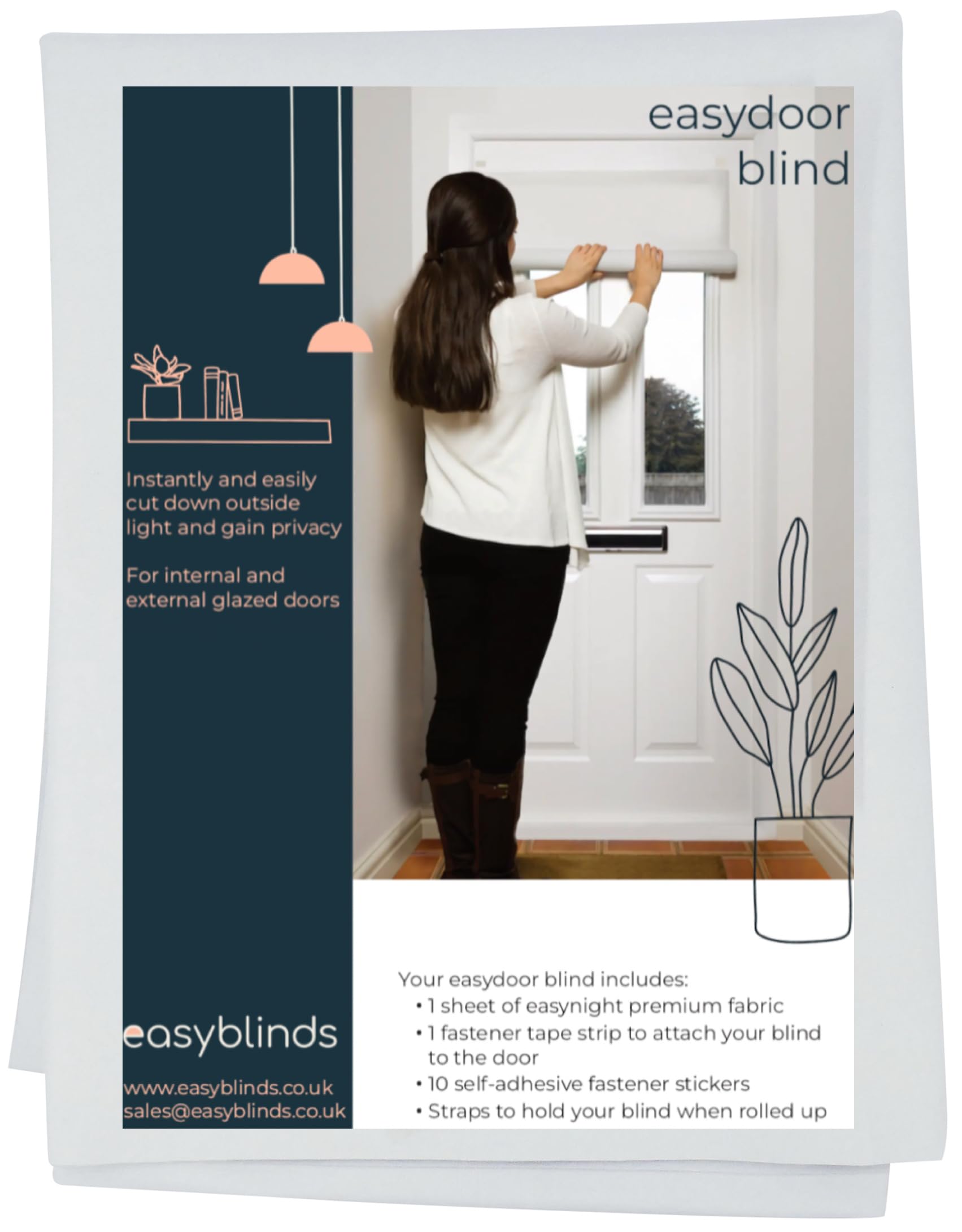 Easyblinds Easydoor blind for glazed doors, quick fix instant blind, white, half door wide width, self-adhesive attachments, cut to size and shape as required