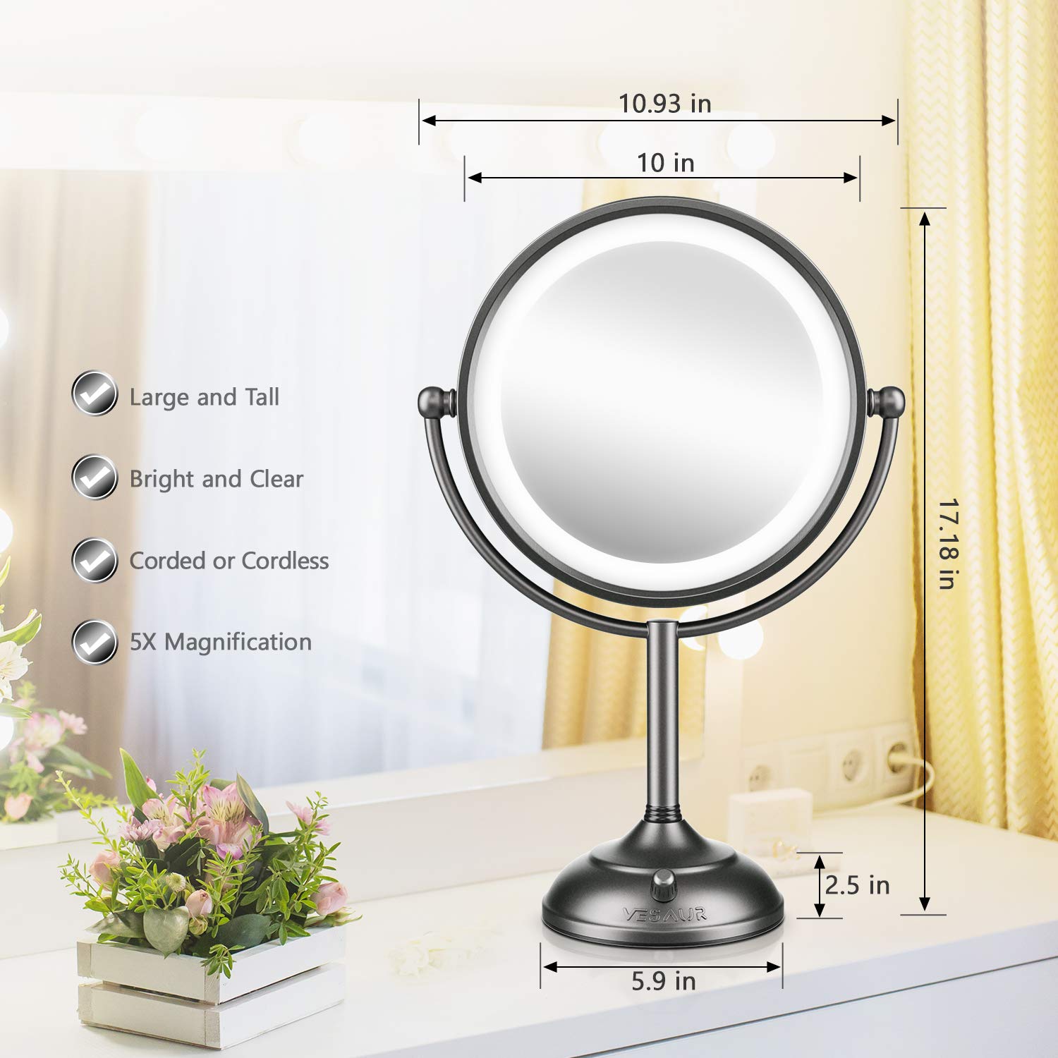 VESAUR Professional 10" [Large Tall Size] Lighted Makeup Mirror, 5X 2-Sided Magnifying Vanity Mirror with 48 Medical LED Lights, Senior Satin Nickel Cosmetic Mirror, Brightness Adjustable (0-1100Lux) : Beauty