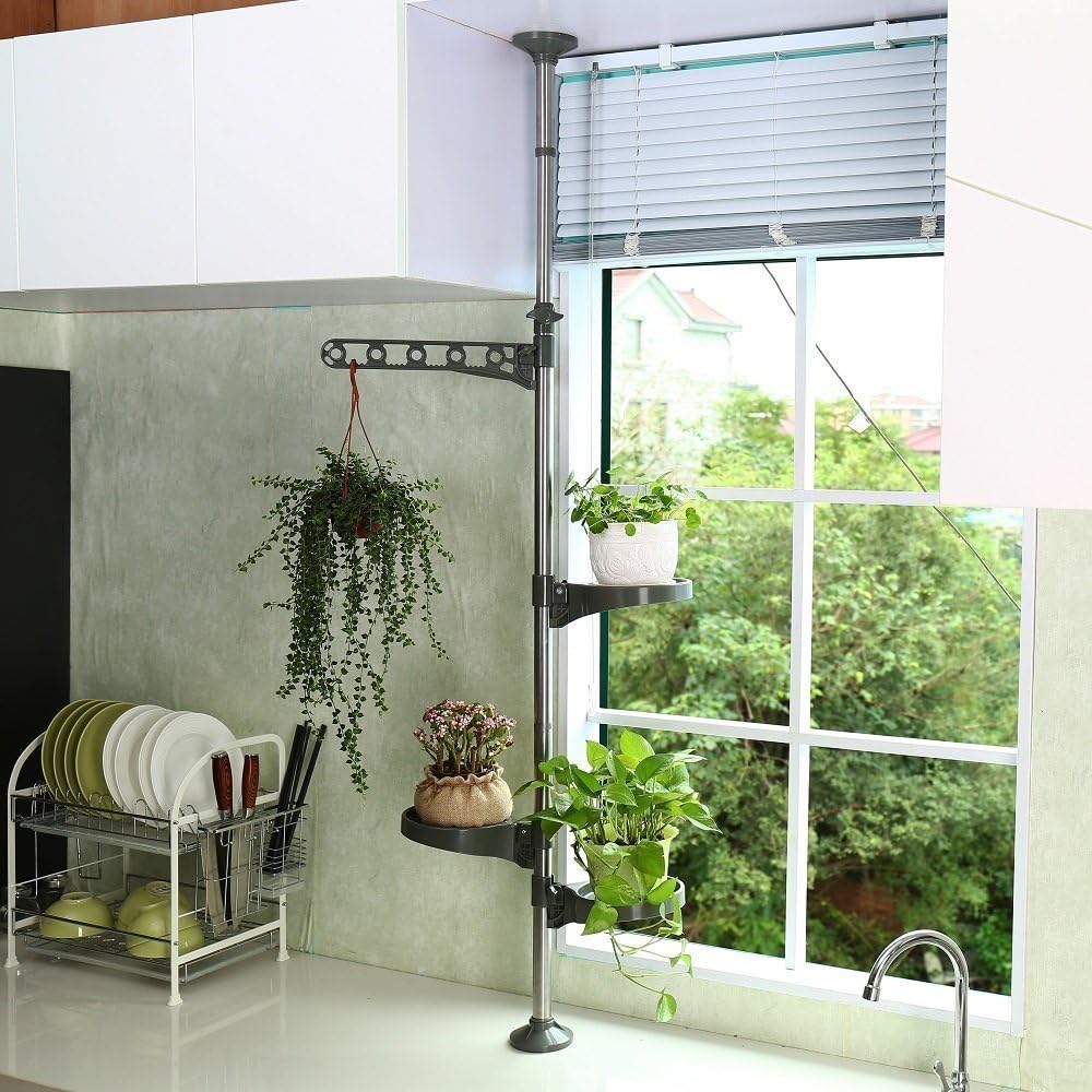 BAOYOUNI Indoor Plant Pole Stand Tension Rod Adjustable Flower Display Rack  Spring Loaded Floral Hanger Storage Shelf with 3 Trays & 1 Arm for  Windowsill Counter Top Grey - BigaMart