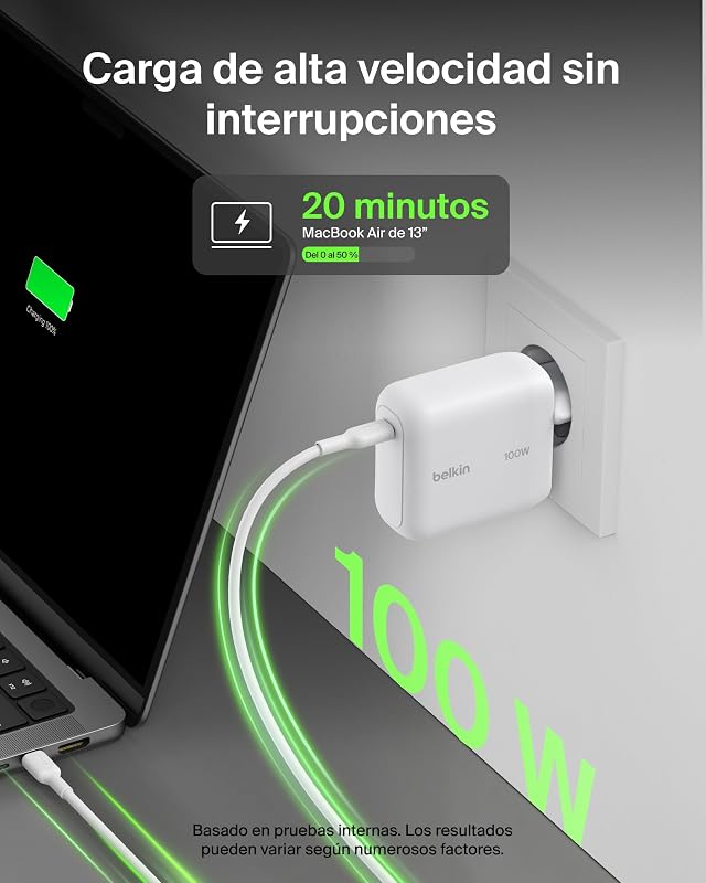 BoostCharge Cargador USB C, Cargador GAN Compacto 100W Plegable, Carga Rápida, Enchufe USB C Pared, iPhone 17, Samsung Galaxy S26, Pixel 10, AirPods, Tabletas, MacBook - Blanco