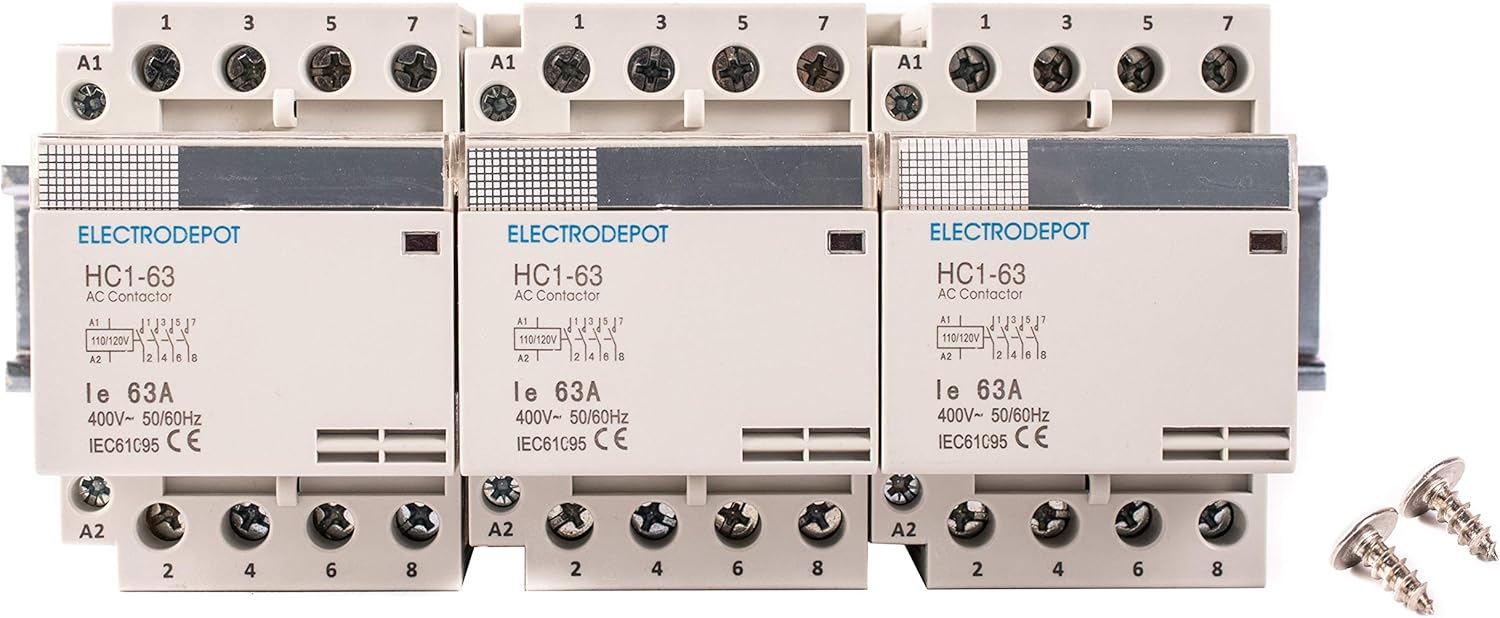 Electrodepot 40 Amp 12 Pole (4 Pole x 3) Normally Open, 110-120VAC Coil (Silent Operation), Motor Load 40A and Lighting Load 63A Contactor Bundle with 8