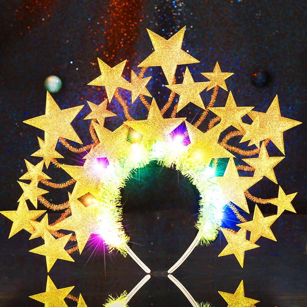 Fashband Light Up Star Headband Glitter Stars Tiara Halo Crown Headbands Led Goddess Costume Headpiece Christmas Carnival Party Hair Accessories for Women and Girls (Gold)