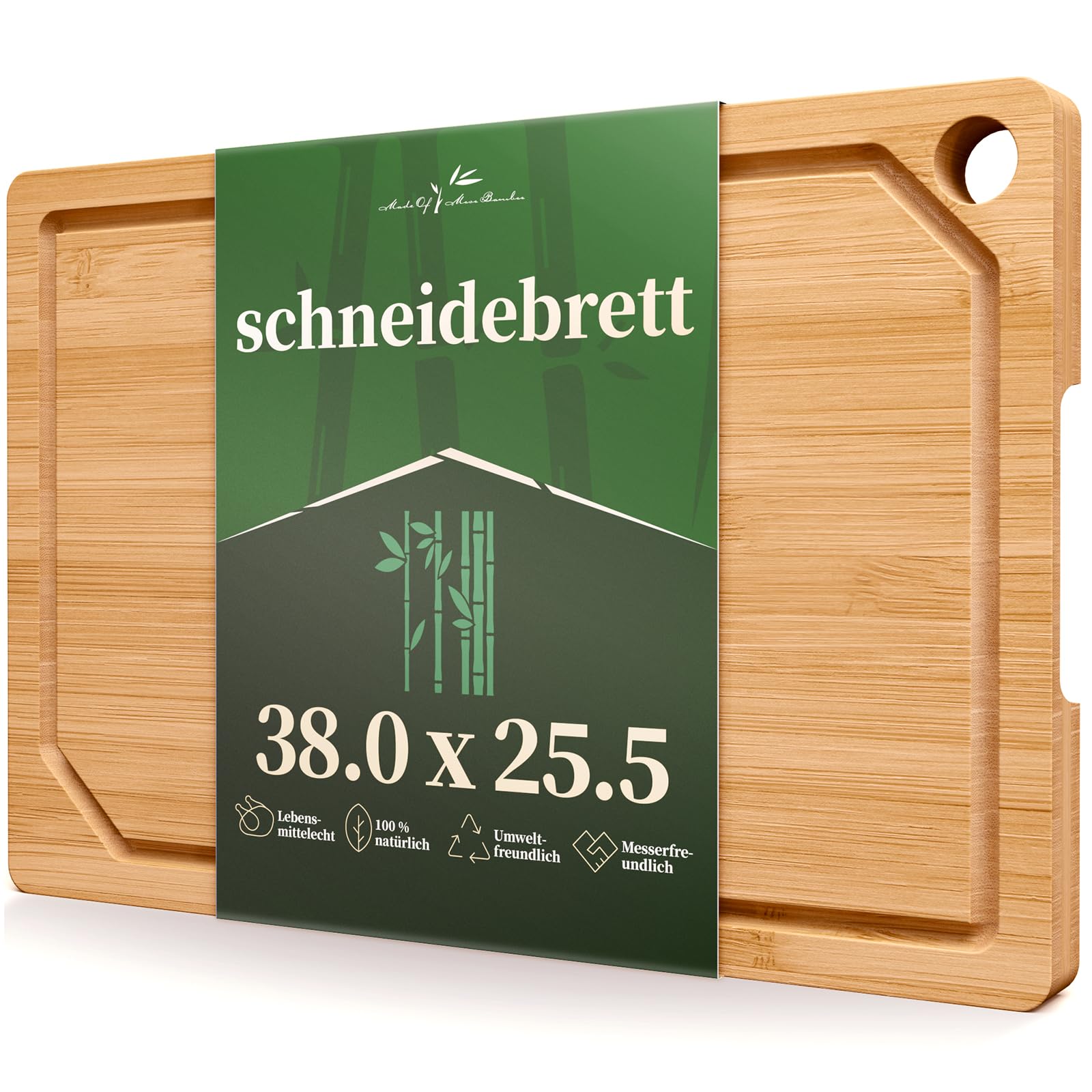 Kitsure Bambus-Schneidebrett – Holzschneidebrett, mit tiefen Saftrillen, zum Schneiden, Hacken & Servieren, groß, natur, 38.0 x 25.5 x 1.2 cm