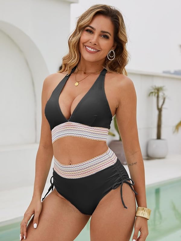 Maillot de Bain Femme 2 Pieces Col en V Bikini Set Deux Pièces Maillot de Bain Push Up Bikini Taille Haute Maillots Deux Pièces Ventre Plat Halter Bikinis Femme 2 Pieces Swimwear