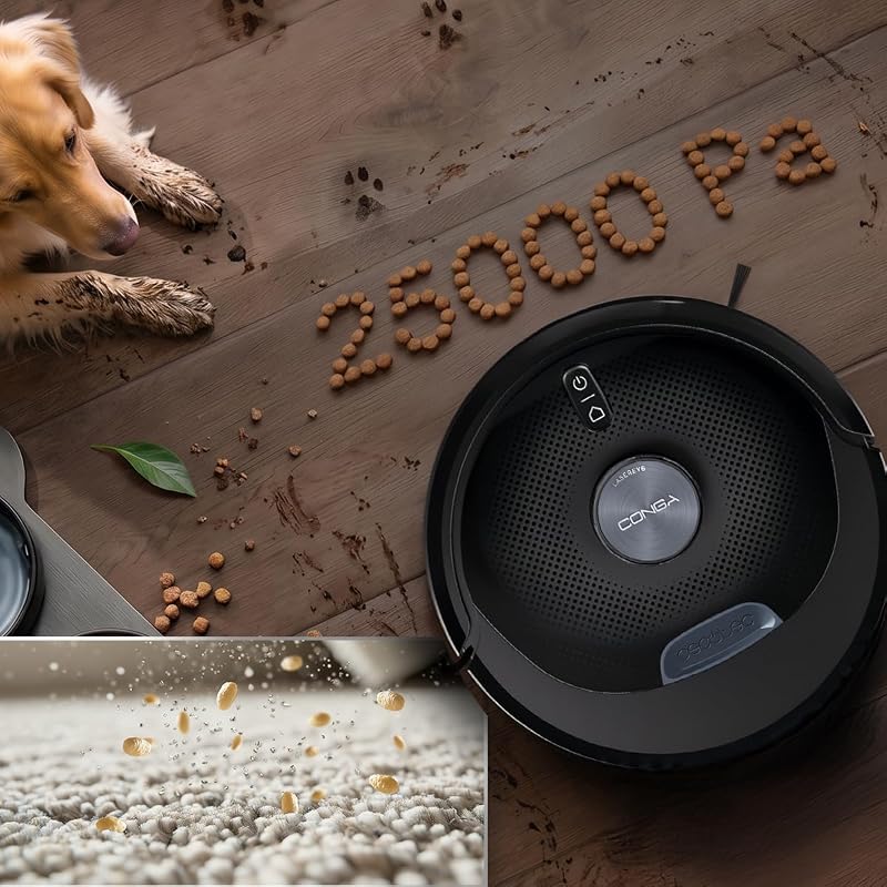 Robot Aspirapolvere e Lavapavimenti Base Autosvuotamento Conga Y80 Dark. Navigazione Laser, 25000 Pa, Auton. 240min, Spazzola Silicone Pet, Sacco 3L, Bluetooth WiFi, App per Casa Sempre Pulita