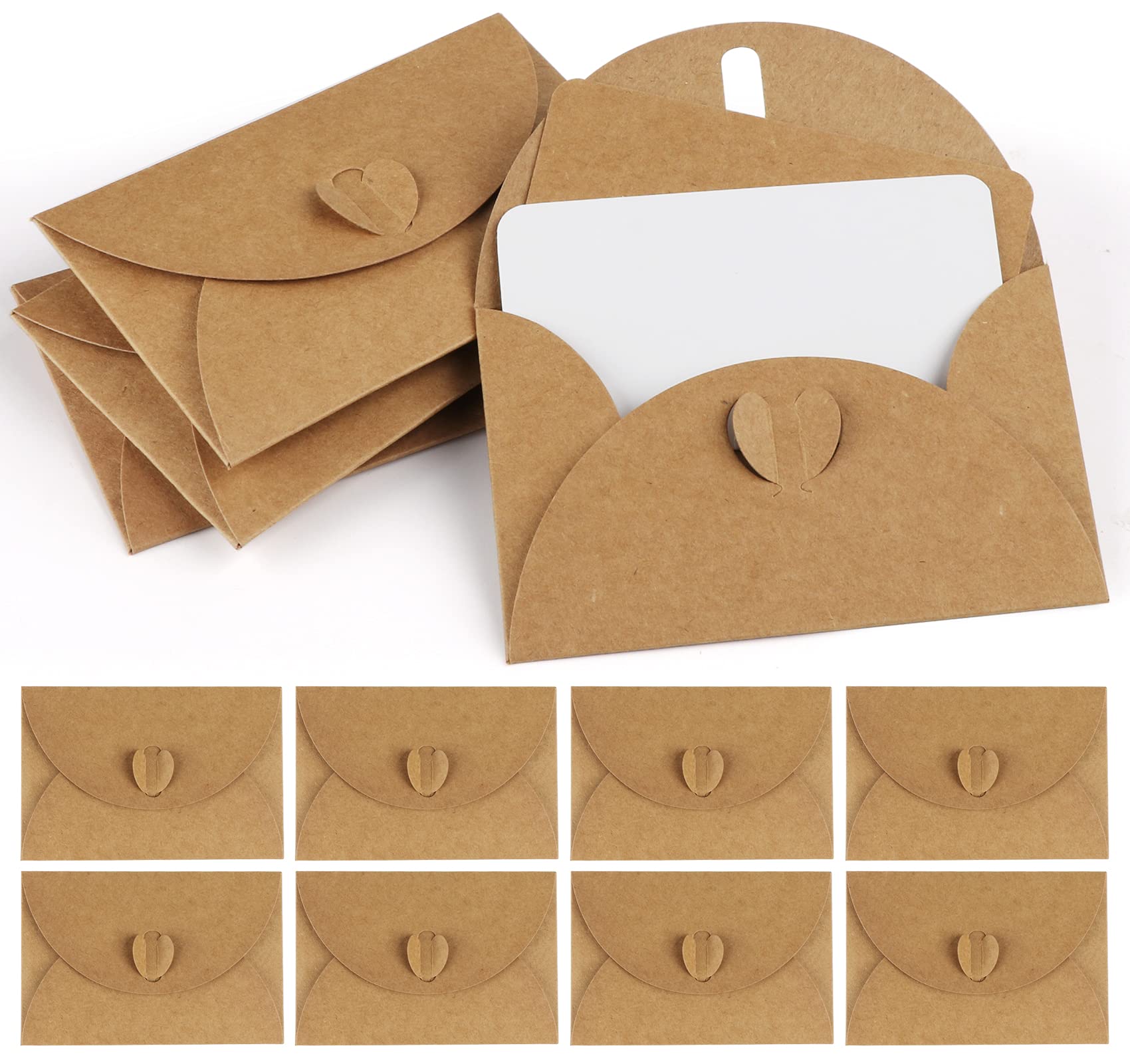 Mocraft 100 Kraft Paper Envelopes with 100 Blank Paper Cards, Mini Envelopes with Heart Closure for Gift Cards DIY-Graffiti