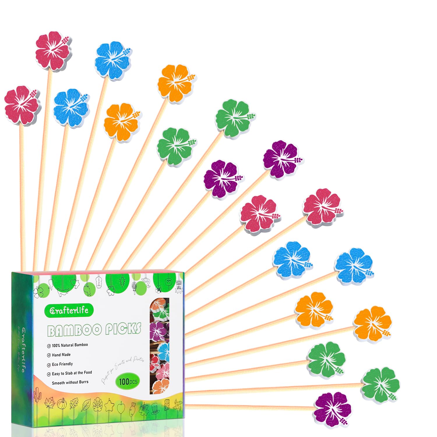 Crafterlife 100pcs Hawaiian Hibiscus Flower Cocktail Sticks Picks Long Fruit Sticks Charcuterie Skewers, Made of Bamboo Wood, for Summer Hawaii Luau Tropical Theme Party Decoration